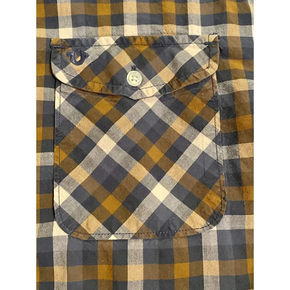 True Religion Men's Button Down Shirt Sz L Long Sleeve Blue Brown‎ Checkered